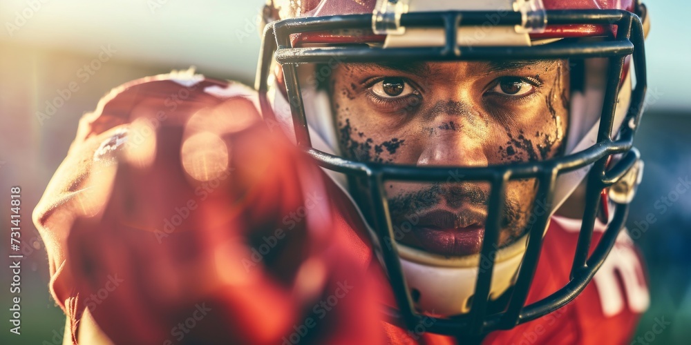 American football player in red jersey pointing finger at camera. Selective focus. American football player in red jersey pointing finger at camera. Selective focus.