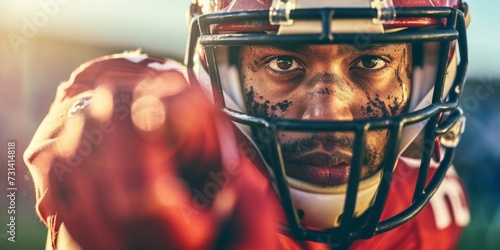 American football player in red jersey pointing finger at camera. Selective focus. photo