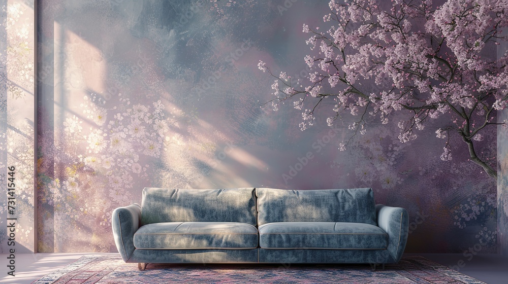 the 3D pattern of a plane tree on a sofa against a mauve wall and a patterned sky-blue sofa. - obrazy, fototapety, plakaty 