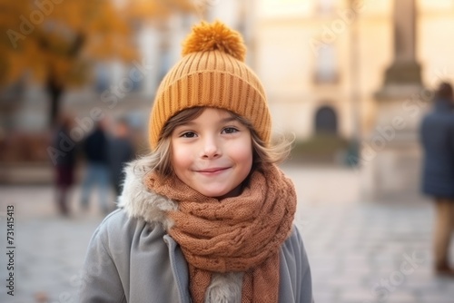 Portrait of a cute little girl in a warm hat and scarf on the street