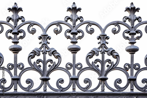 richly textured wrought iron fence detail on white background