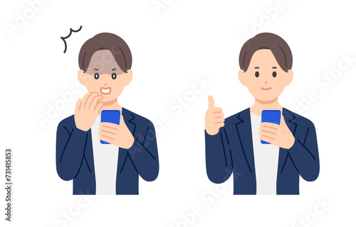 スマホを見てショック･グッドのポーズをするビジネスパーソン男性のセット【人物ベクターイラスト素材】