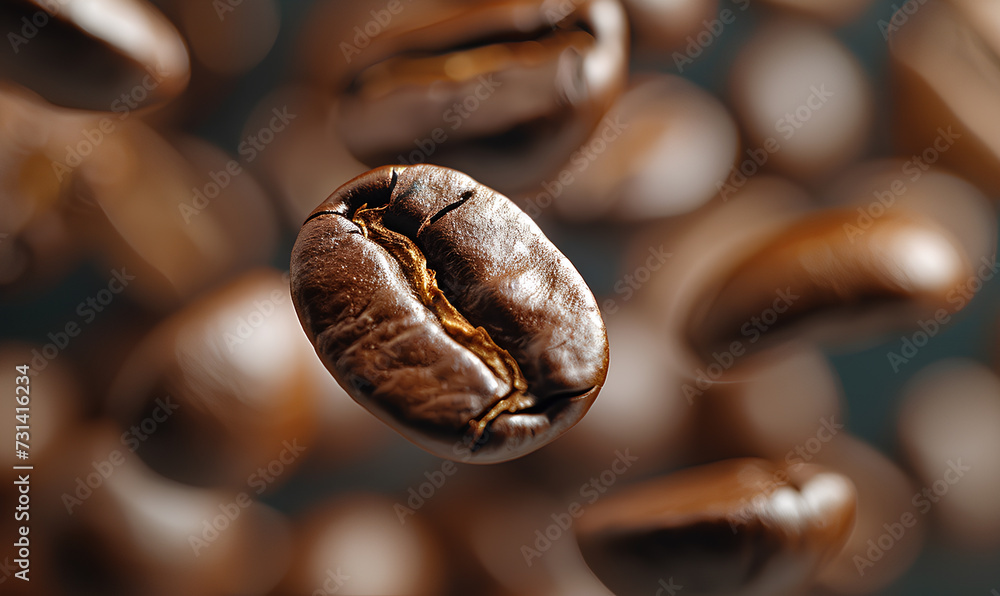 Fototapeta premium Coffee beans falling into the air with a blurred background.