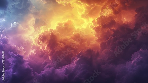 Yellow orange red purple violet blue clouds. Storm hurricane thunderstorm rain wind. Dark colorful  © Thanthara