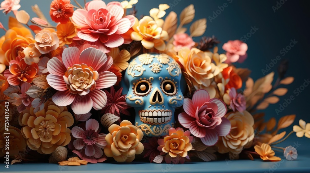 day of the dead background with floral ornaments and skulls for banners or posters