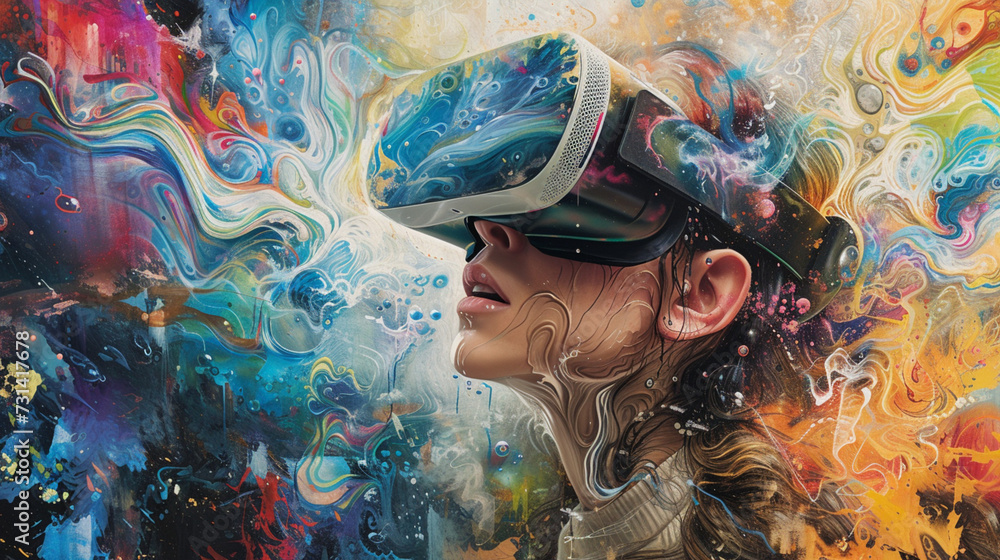 VR Virtual Reality, Art and Design. A painting artist immersed in creativity, wearing VR glasses, This scene merges traditional artistry with cutting-edge technology, artistic expression. VR Virtual Reality, Art and Design. A painting artist immersed in creativity, wearing VR glasses, This scene merges traditional artistry with cutting-edge technology, artistic expression.