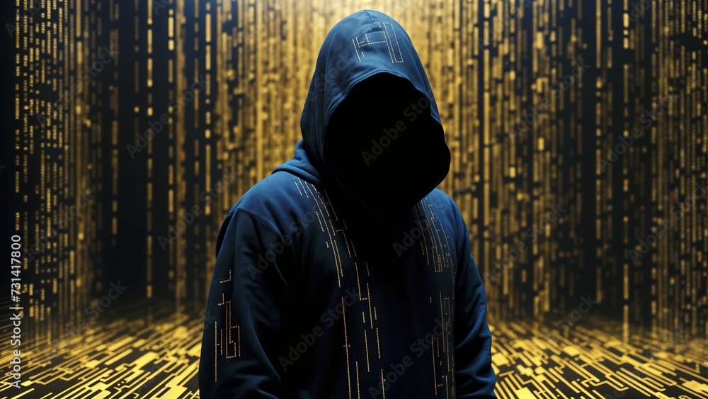 a hacker wearing a black hoody with his face obscured and standing in a ...