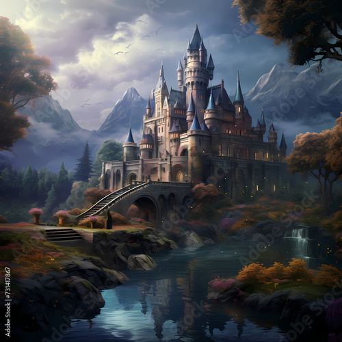 Enchanted castle in a mystical landscape. 