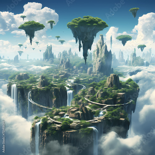 Floating islands in the sky with waterfalls.