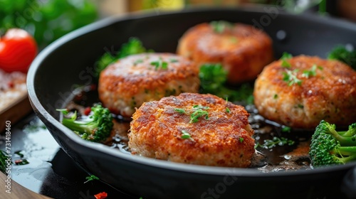Sizzling chicken patties garnished with herbs in a skillet