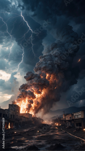 Photo illustration of lightning flashes with hurricane winds destroying buildings 9