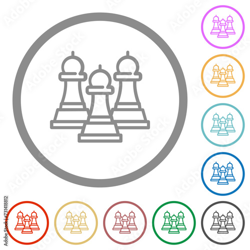 Three chess bishops outline flat icons with outlines