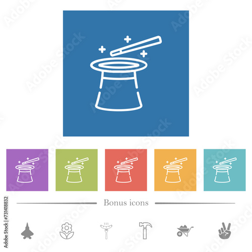 Magic hat and wand outline flat white icons in square backgrounds photo