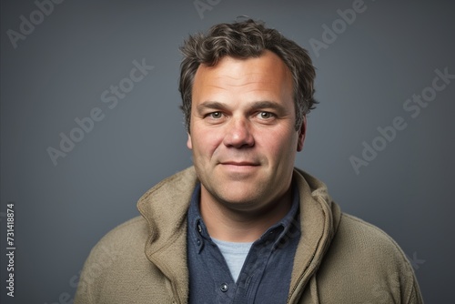 Portrait of a man in a warm sweater on a gray background © Inigo