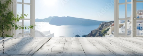 Beautiful scenery: empty white wooden table with Santorini view, blurred bokeh out of open window, product display, defocused bokeh, and blurred background sea with sunlight. product display template
