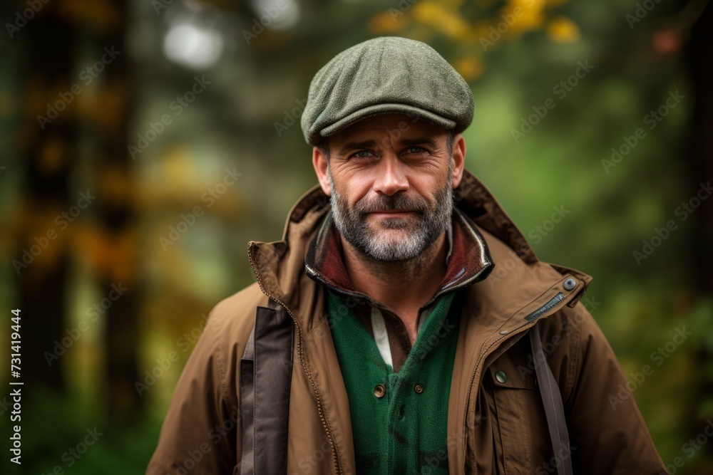 Portrait of a senior man in the autumn forest. Seasonal fashion.