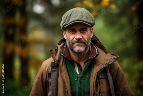 Portrait of a senior man in the autumn forest. Seasonal fashion.