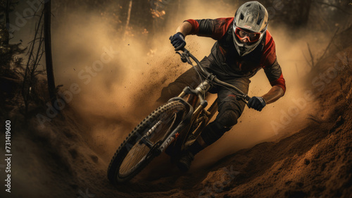 mountain biker in the dust in forest