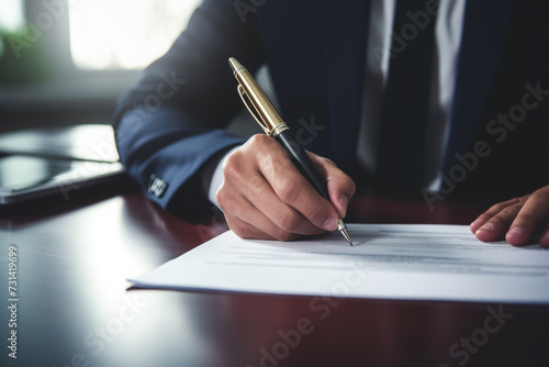 Closeup hand businessman sign on document insurance