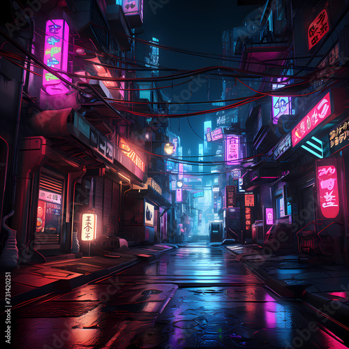 Neon-lit cyberpunk alleyway at night. 