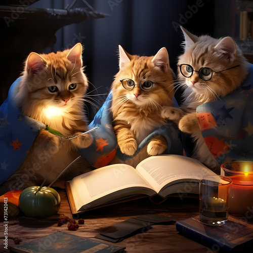 Playful cats wearing glasses and reading books.