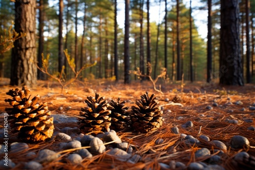 Pine cones in autumn in the forest, wallpaper background