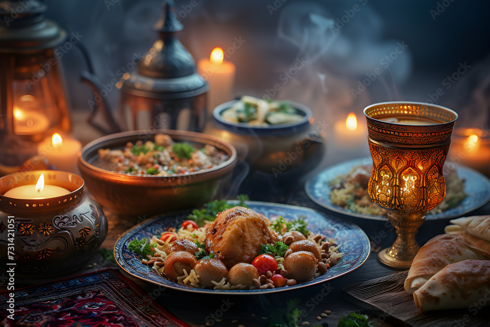 A traditional iftar or suhoor meal served during Ramadan, a time of fasting and spiritual reflection in the Islamic faith.