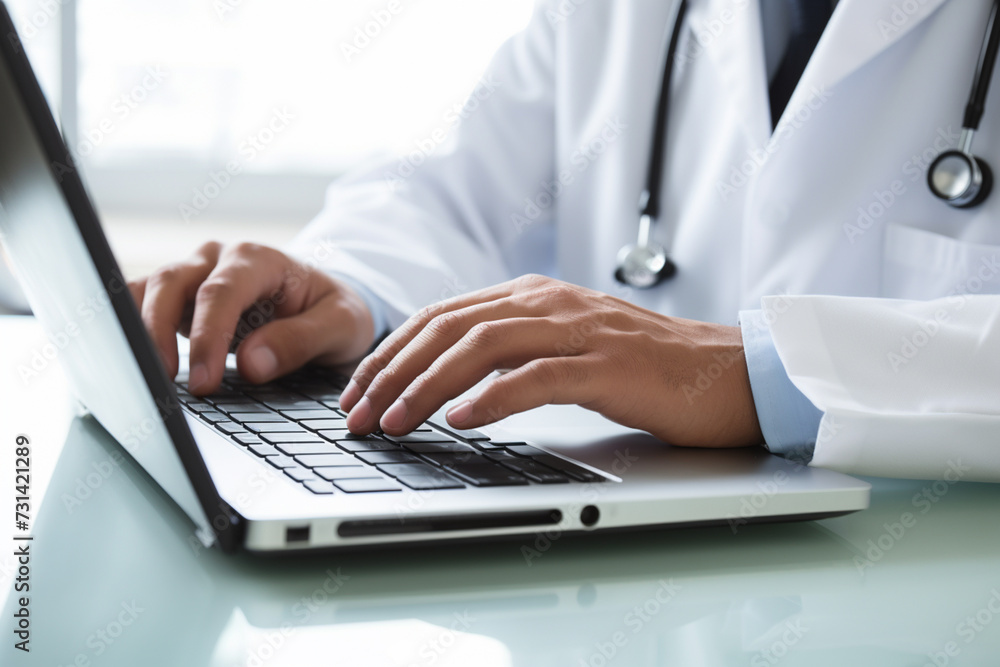 Closeup doctor working on computer notebook in office