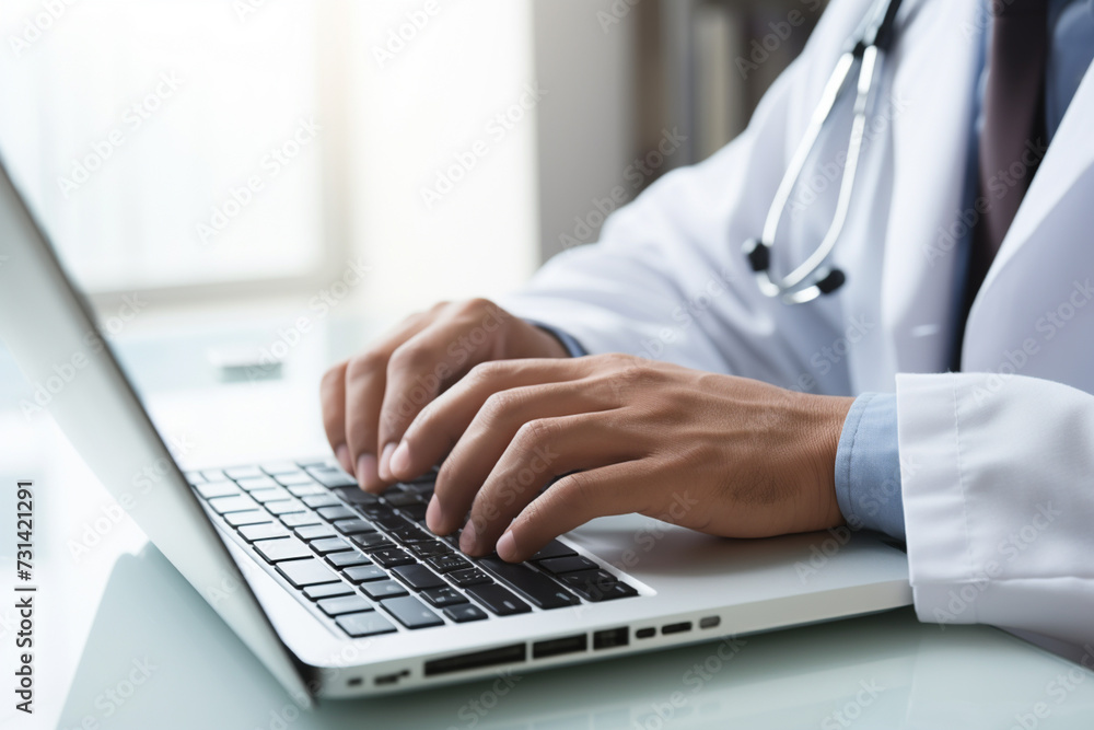 Closeup doctor working on computer notebook in office Closeup doctor working on computer notebook in office