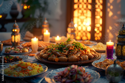 Iftar or suhoor served in Ramadan, a traditional and cultural celebration of Middle Eastern and Muslim communities, featuring a meal with dates, fruits, meat, rice, bread, and tea. photo