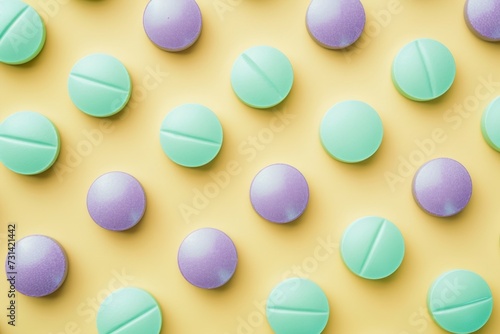 Mint green and lavender tablets arranged on a yellow background.