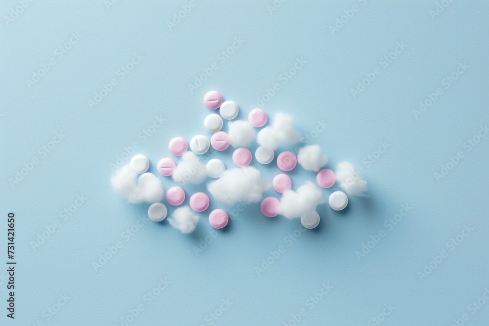 Pastel pills forming the outline of a cloud on a light blue background, interspersed with cotton balls. Place for text