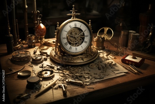 Master's table with tools and clockwork details, vintage clock