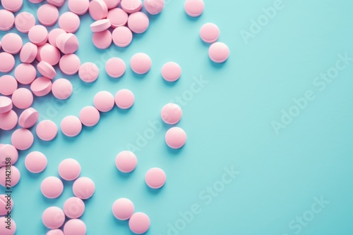 Soft pink pills scattered on a pastel blue background. Place for text