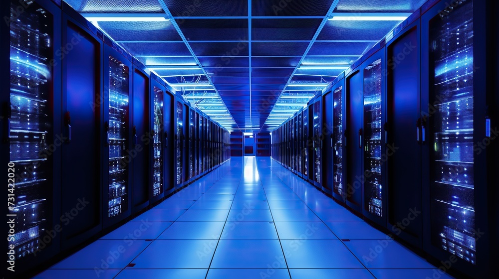 Fototapeta premium Data server racks in server room, modern telecommunication, artificial intelligence