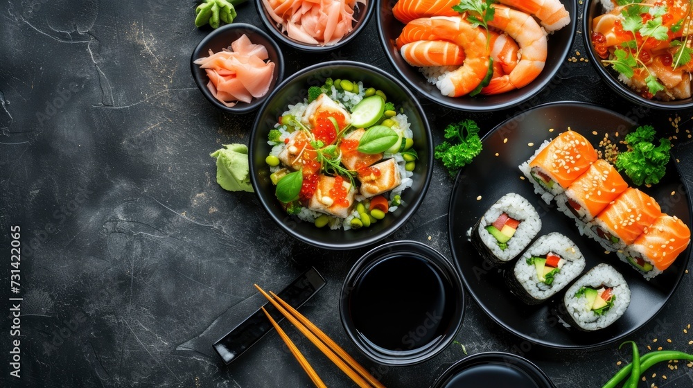 Delicious and healthy asian food on a black textured background, realistic, HD, copy space - generative ai Delicious and healthy asian food on a black textured background, realistic, HD, copy space - generative ai
