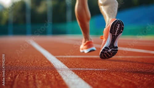 Athlete running on racetrack at stadium. Close up of athlete legs. Generative AI. © Dusit