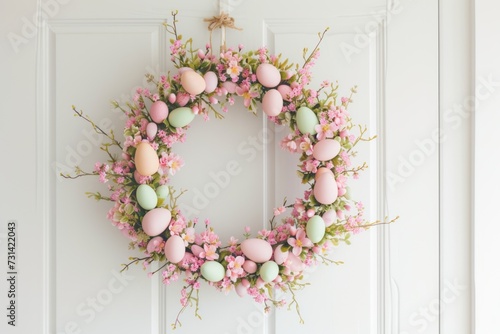 An elegant Easter wreath made of pastel-colored eggs and pink flowers hanging on a white door.