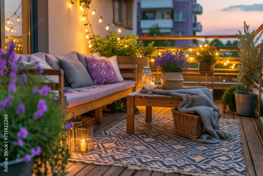 Cozy balcony garden at dusk with wooden furniture, purple potted lavender, and string lights.