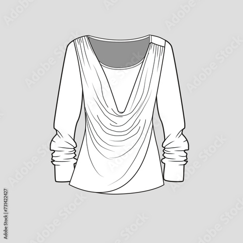 cowl neck long sleeve drape top fashion flat sketch template drawing