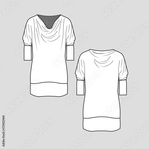 cowl neck Mini Dress three quarter sleeve gathering fashion design sketch Technical Drawing