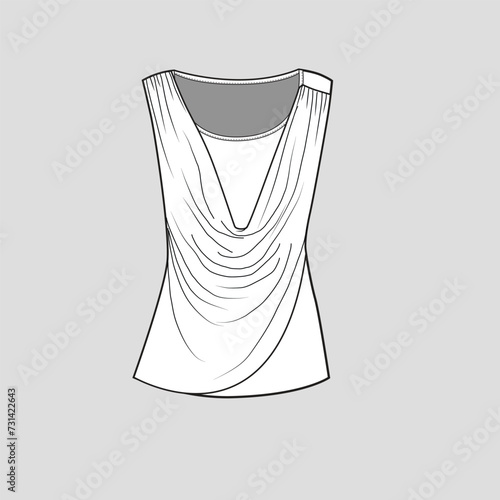 cowl neck Sleeveless drape top fashion design template flat sketch drawing