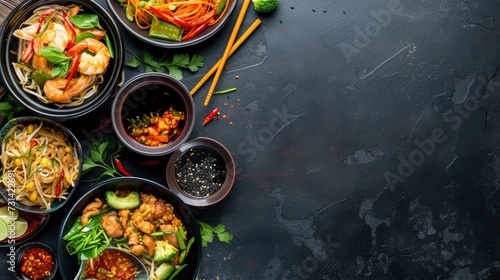 Delicious and healthy asian food on a black textured background, realistic, HD, copy space - generative ai