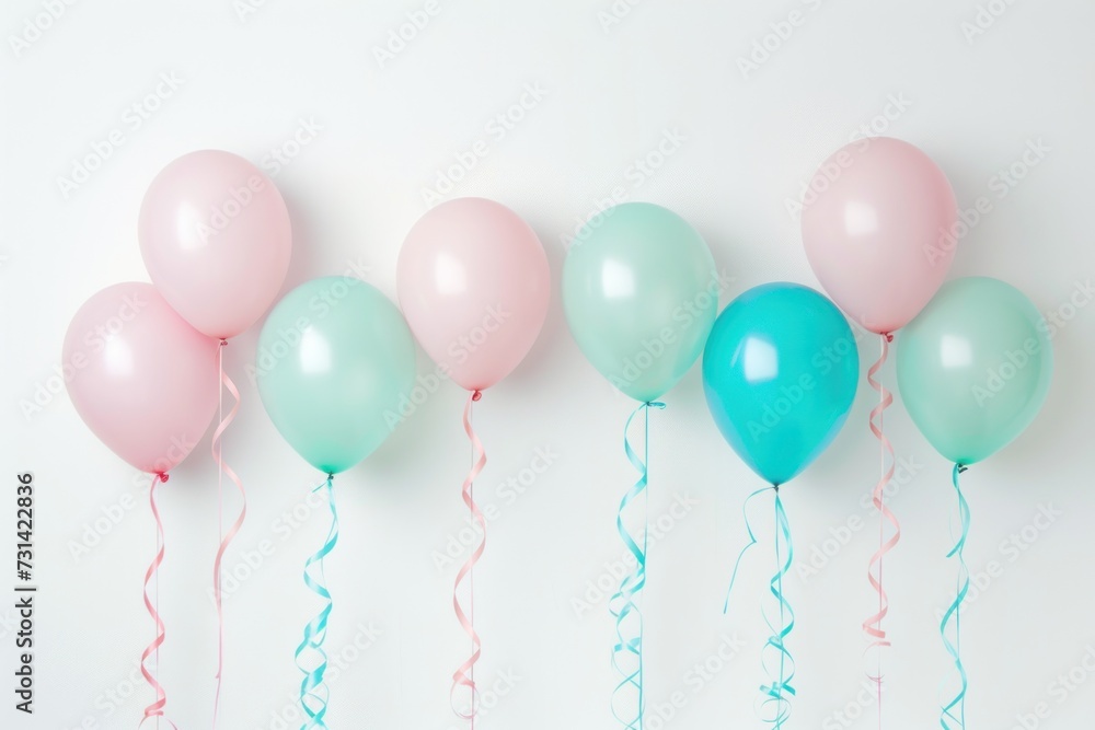 A row of pastel-colored balloons with curly ribbons against a white background. Place for text A row of pastel-colored balloons with curly ribbons against a white background. Place for text