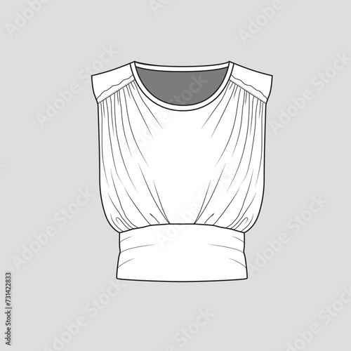 Crew neck sleeveless drape  top shoulder waist panel hem  fashion flat sketch template drawing