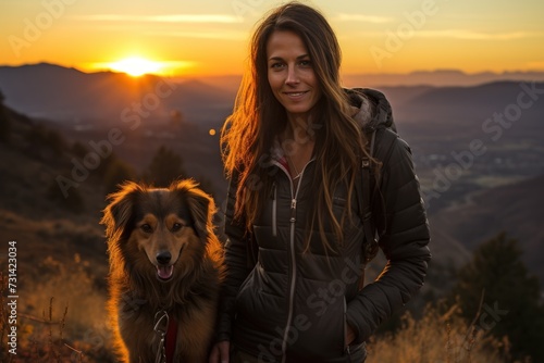 Hiking tourist girl and dog in mountains, Generative AI. © Dusit
