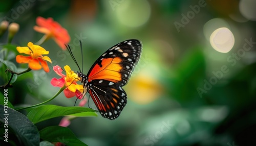Closeup of a vibrant butterfly on a blooming flower, with a blurred background. Generative AI. © Dusit