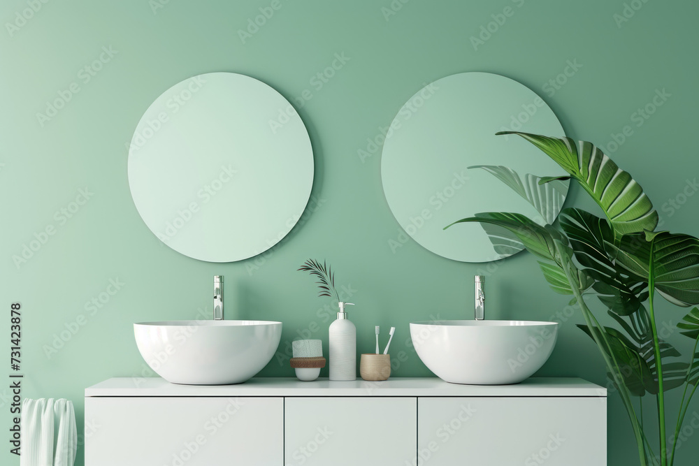 Minimalist bathroom vanity setup with two round mirrors, white sinks, and tropical plants against a pastel green wall.
