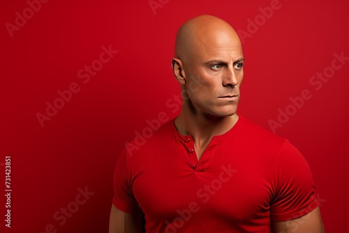Portrait of a bald man in a red t-shirt on a red background