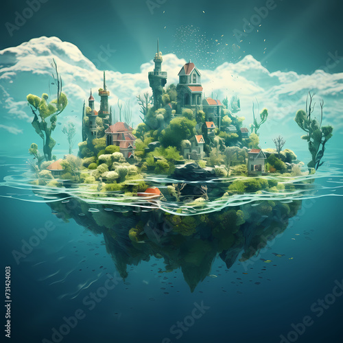 Surreal underwater landscape with floating islands  © Cao